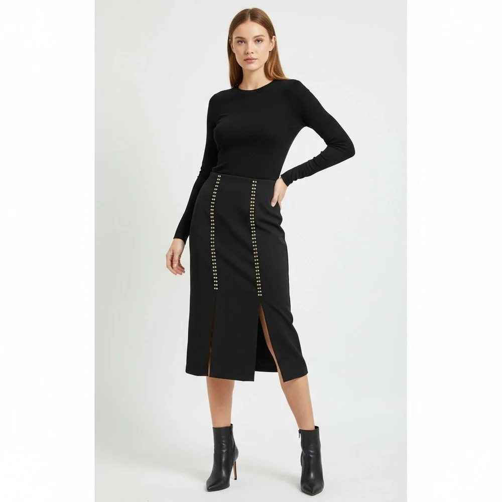 Erez Collections Midi Bedazzled Skirt 100% Wool Gold Studs Slits Black Women's S
